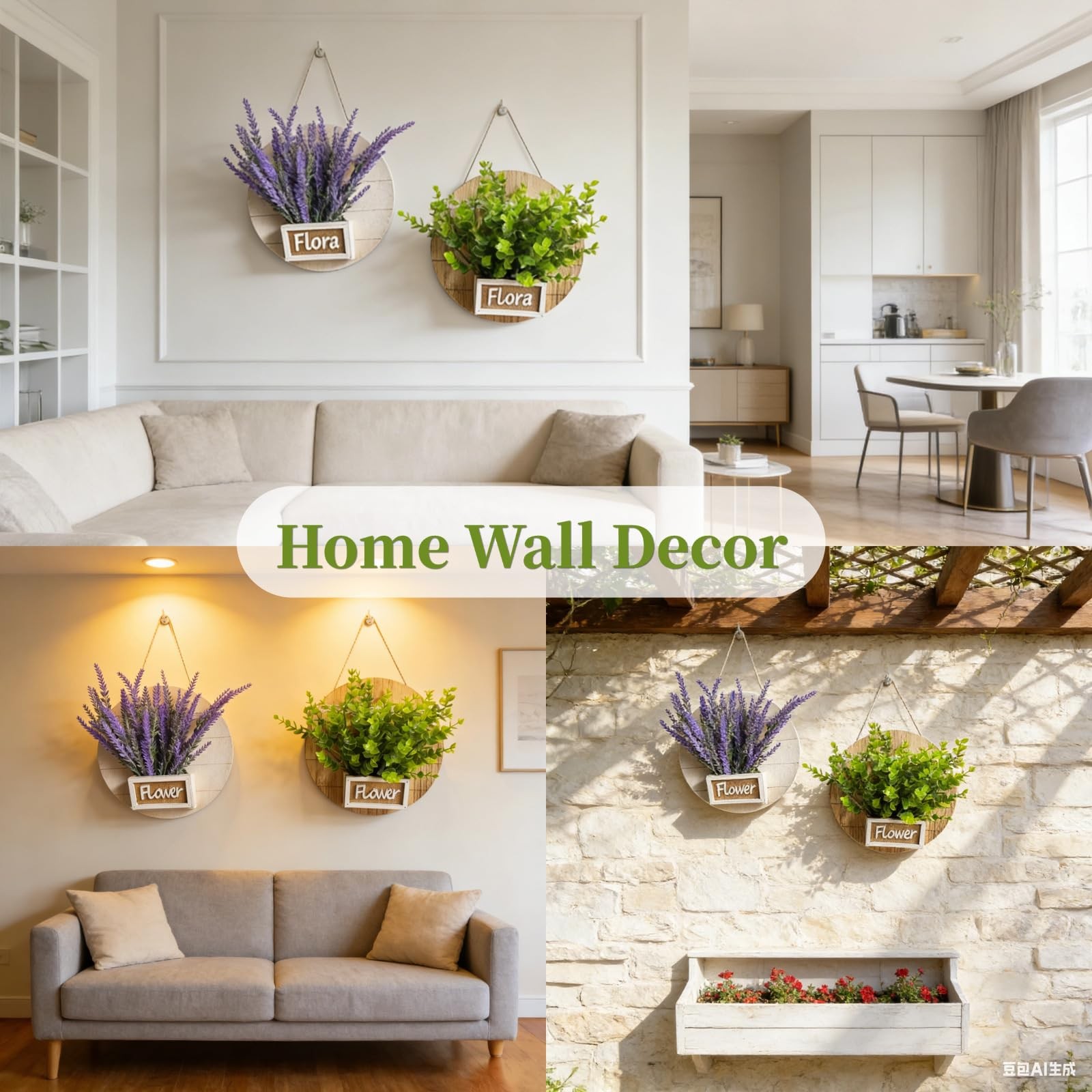 2 Pack Hanging Wood Wall Planter Vase with Artificial Eucalyptus and Lavender…