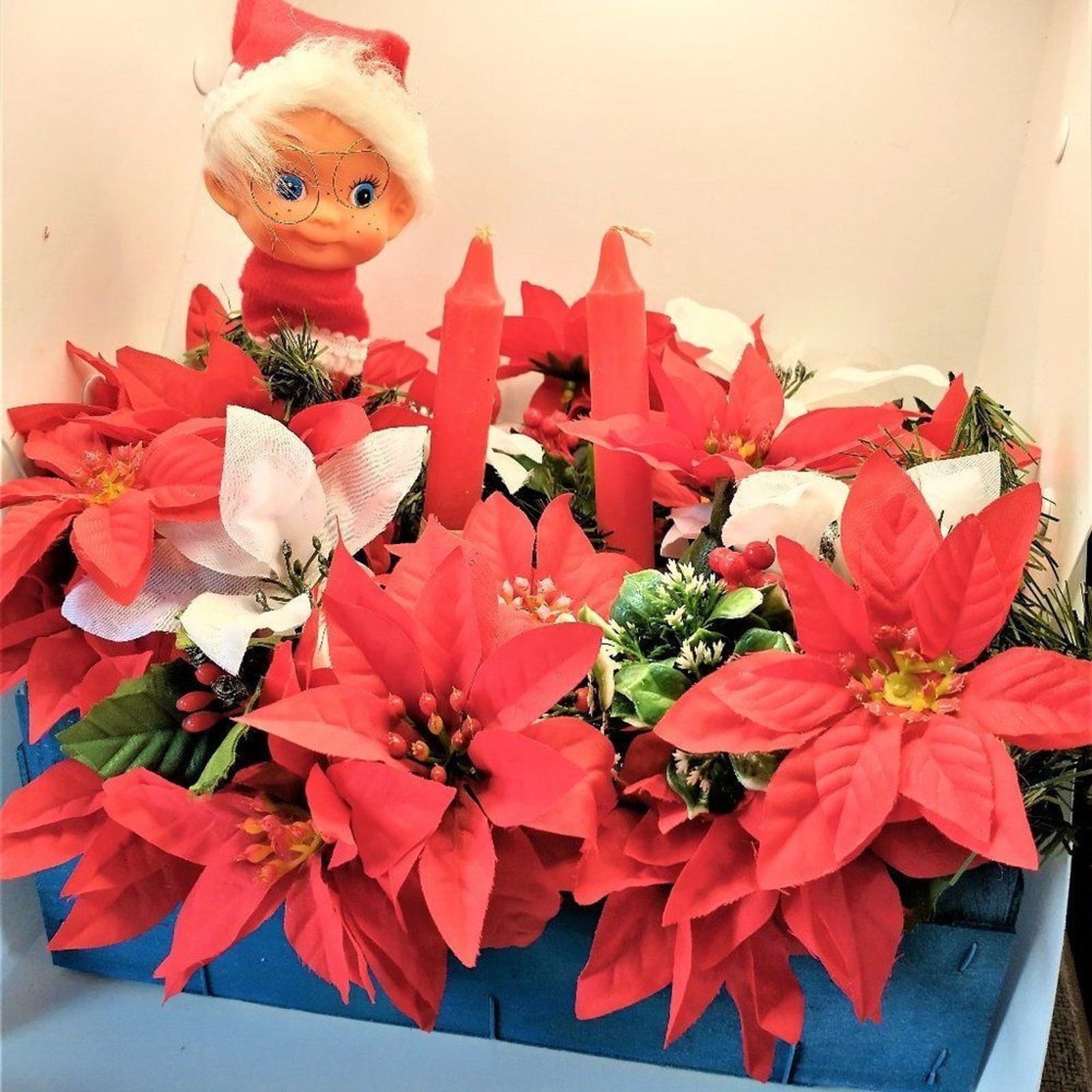 Hand Crafted Floral Table Centerpiece Winter Poinsettia Elf Candle Basket