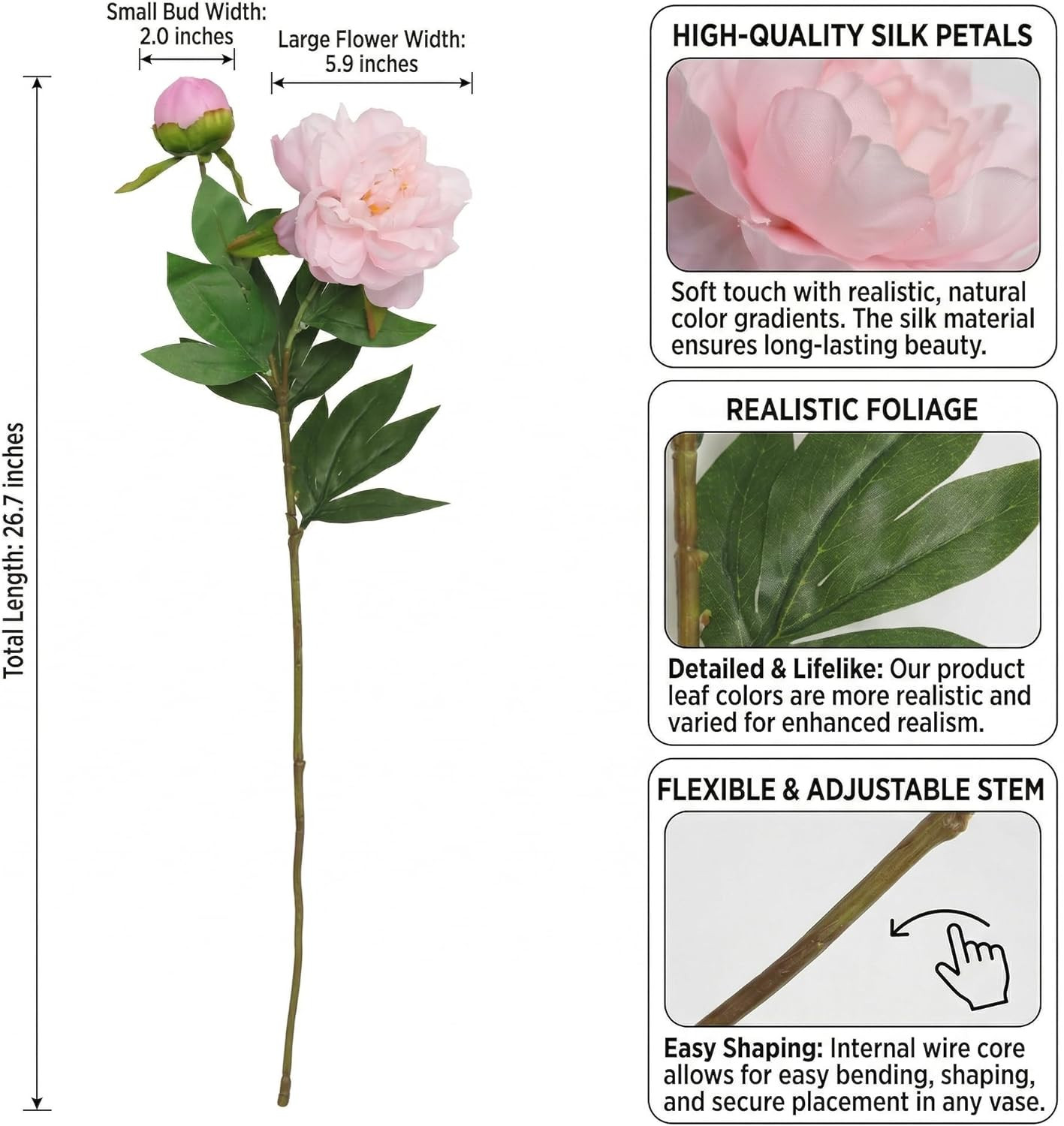 Shiningfuture Premium Real Touch Peony Fake Flowers, 6 Stems 12 Flower Heads, 26