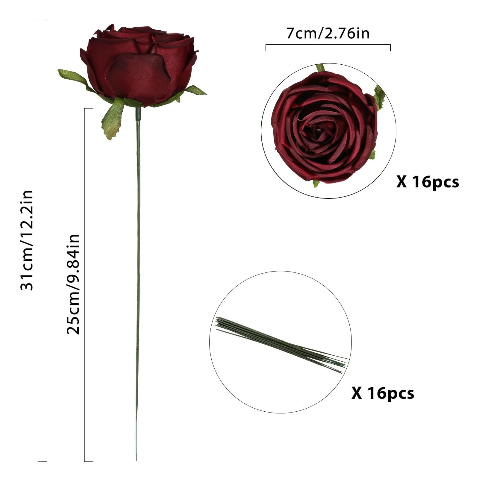 Fake Roses,16PCS Burgundy Flowers Artificial Silk Roses with Stems for Weddin…