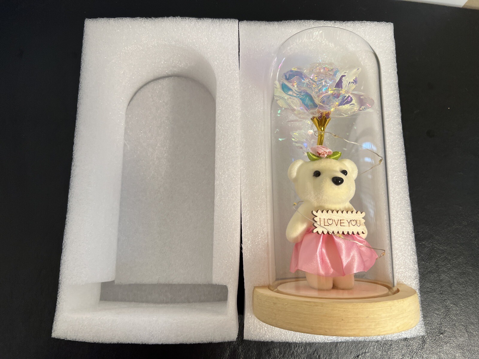 Rose in Glass Dome with Bear LED Gifts for Her Women Rose Alout