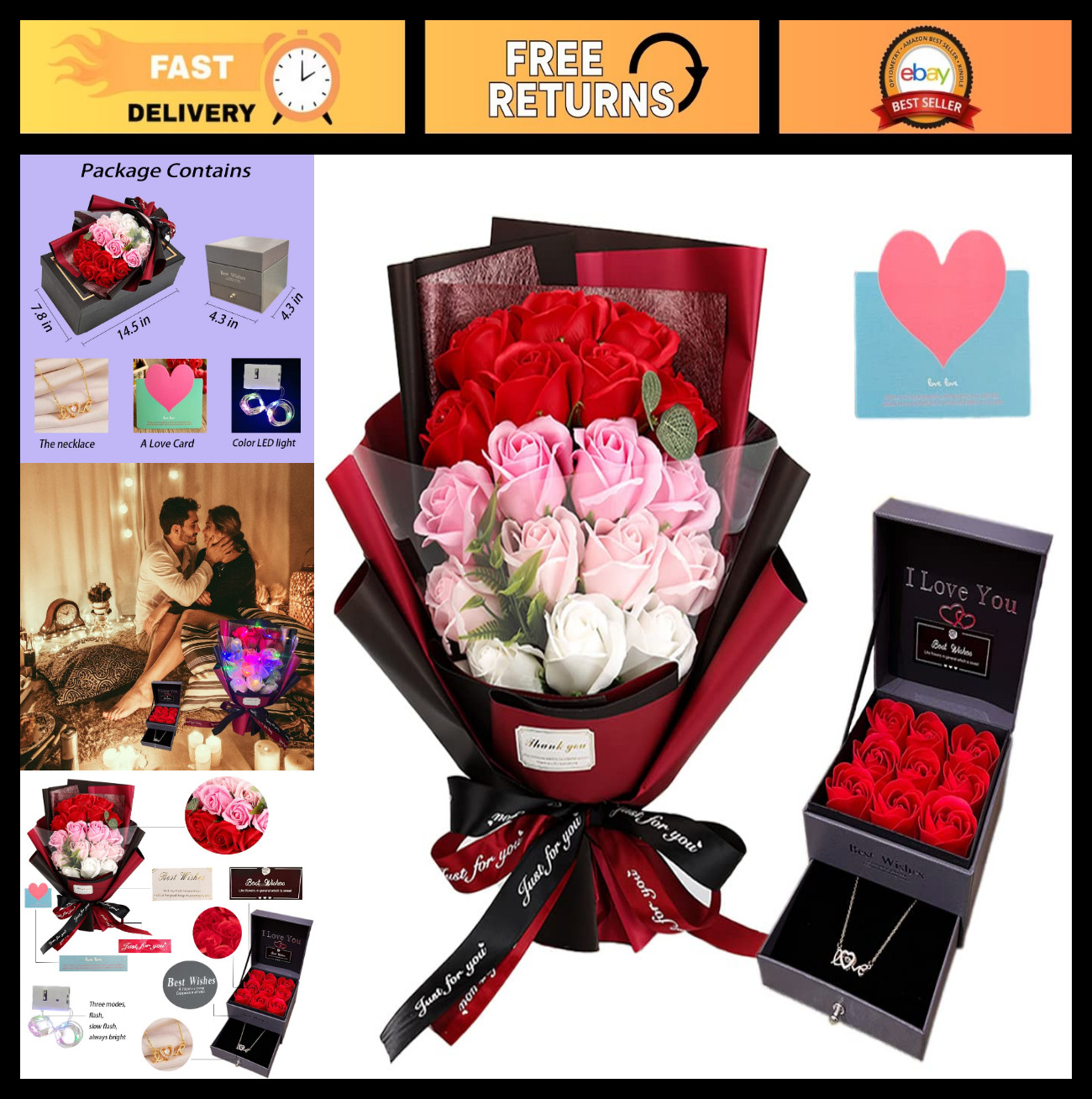 Artificial Red Rose Bouquet with Love Necklace – Unique Gift for Valentine’s, Mo
