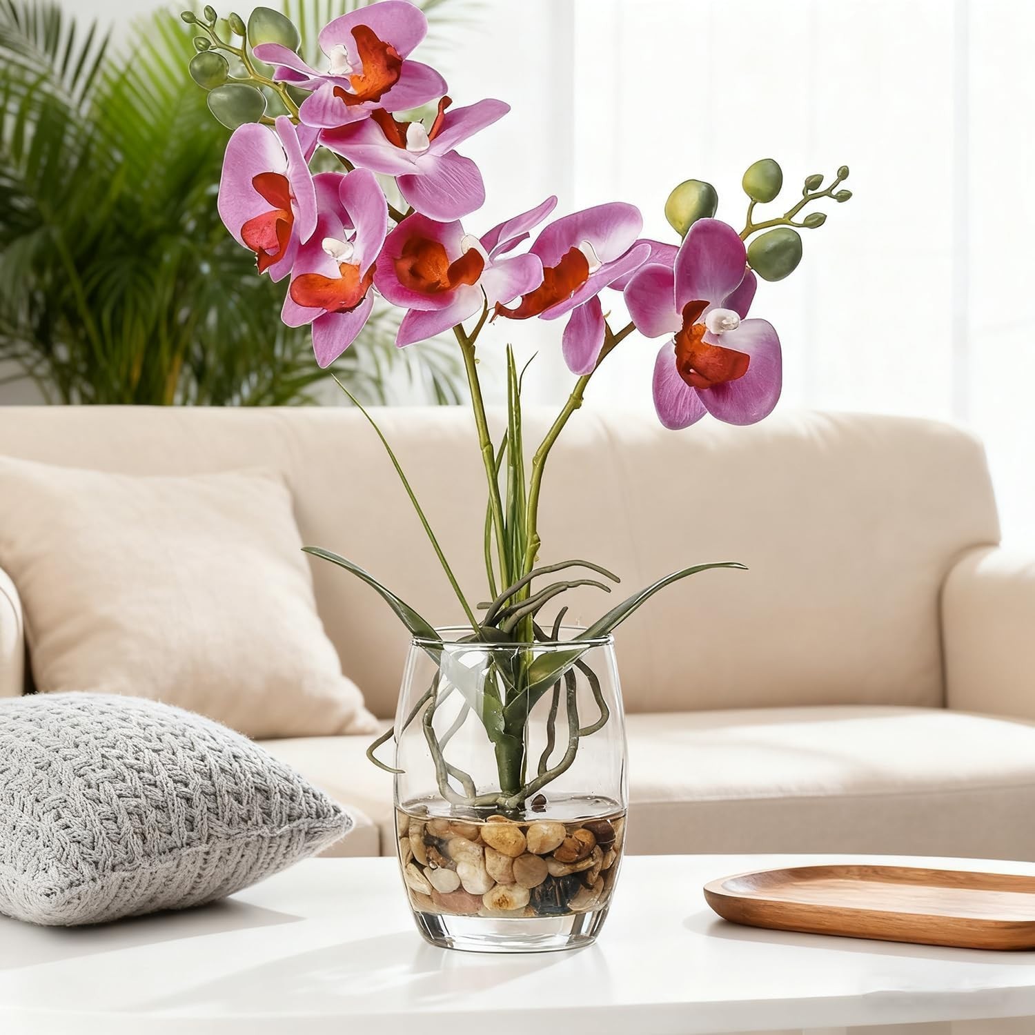Purple Artificial Orchid in Glass Vase, 14.5-Inch Home & Office Decor