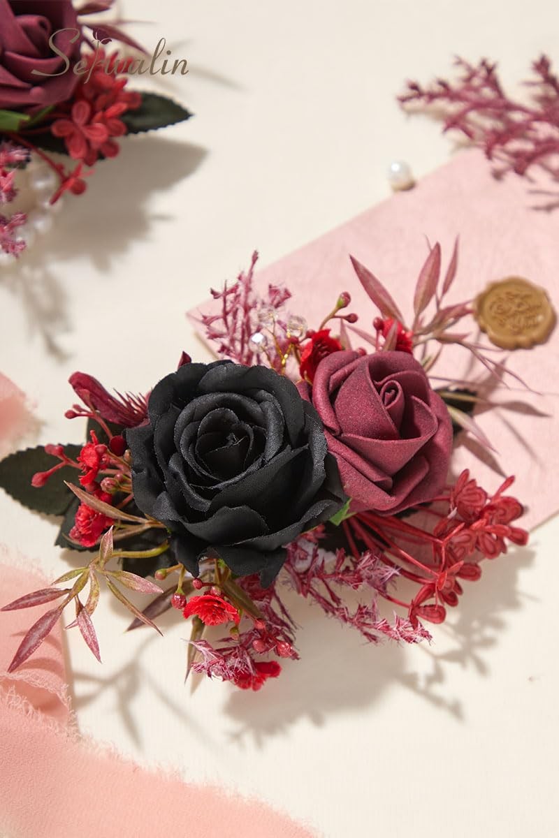 2 PCS Black Burgundy Wrist Corsage Boutonniere Set 67 Inch Wedding Prom Suit