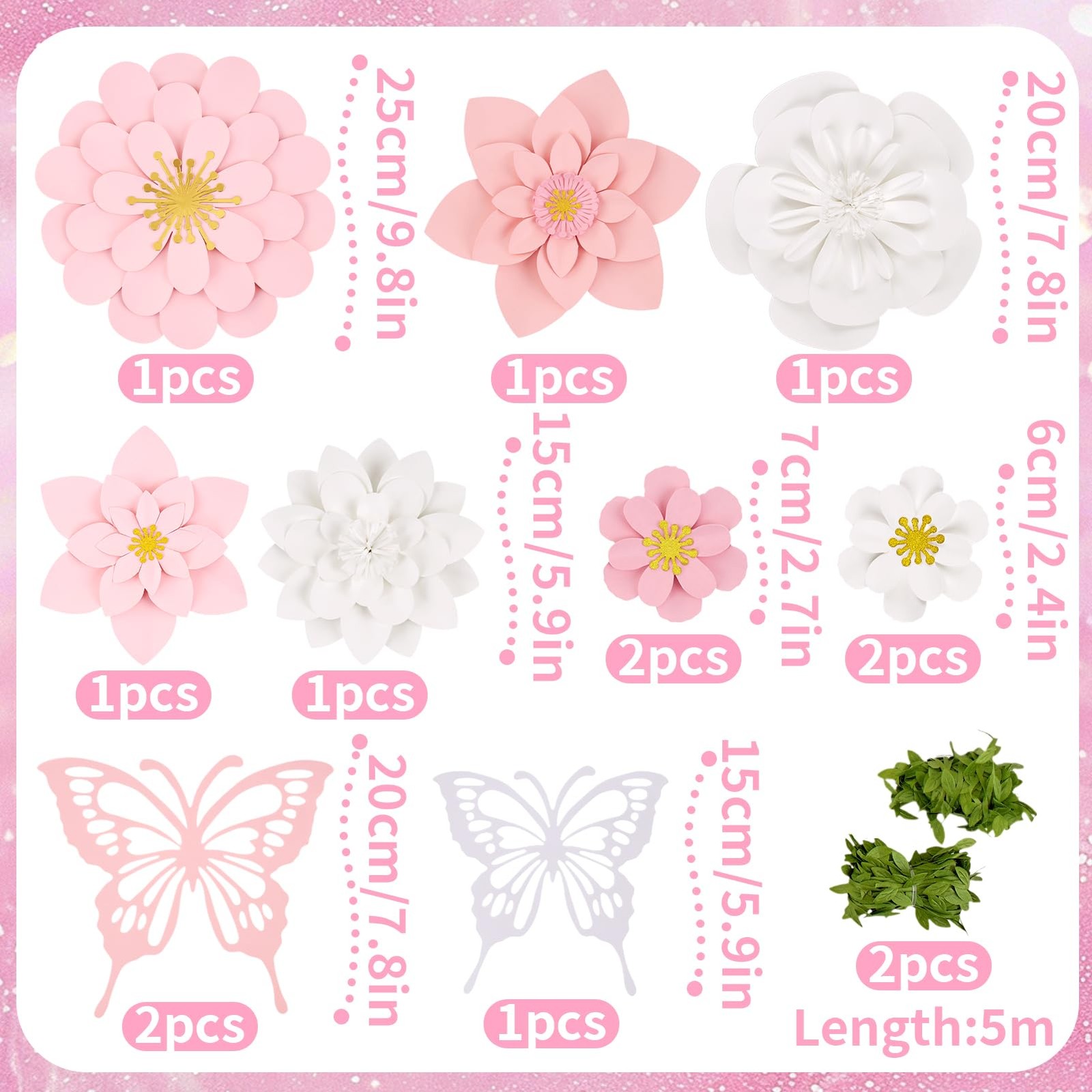 3D Paper Flowers Butterflies 9PC Pink White Garden Wall Decor Backdrop