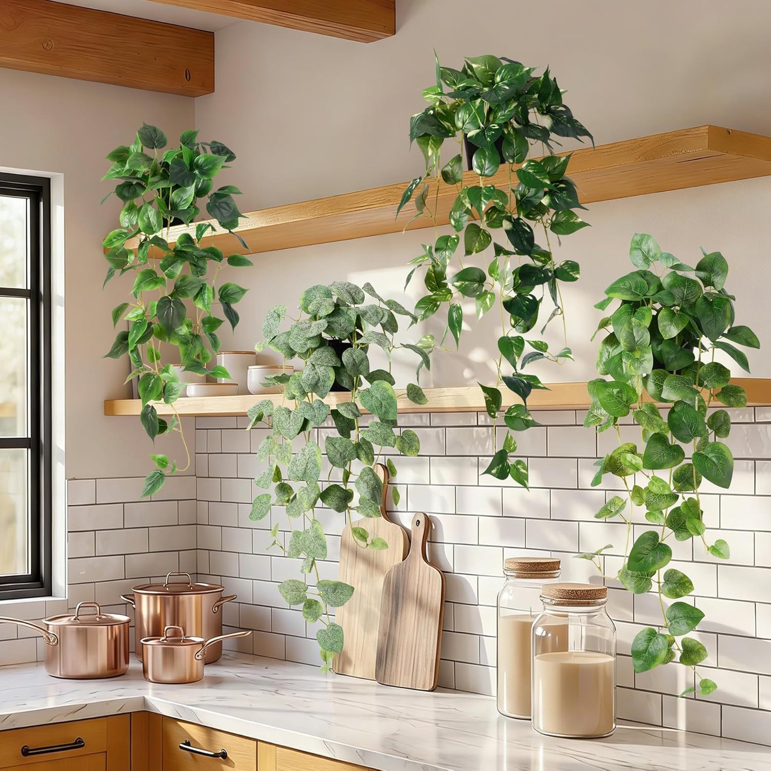 4PC Fake Hanging Pothos Plants with Pots, 33″ Faux Ivy for Home Decor