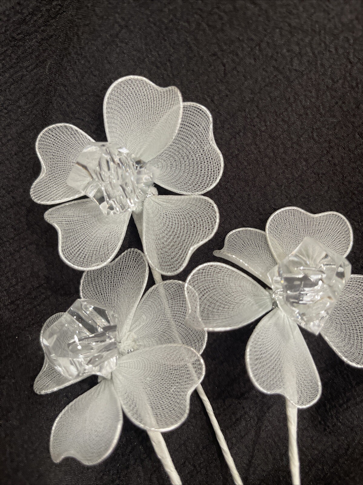 Glitter Silver and clear Rhinestone flowers 4 branches 12 flowers