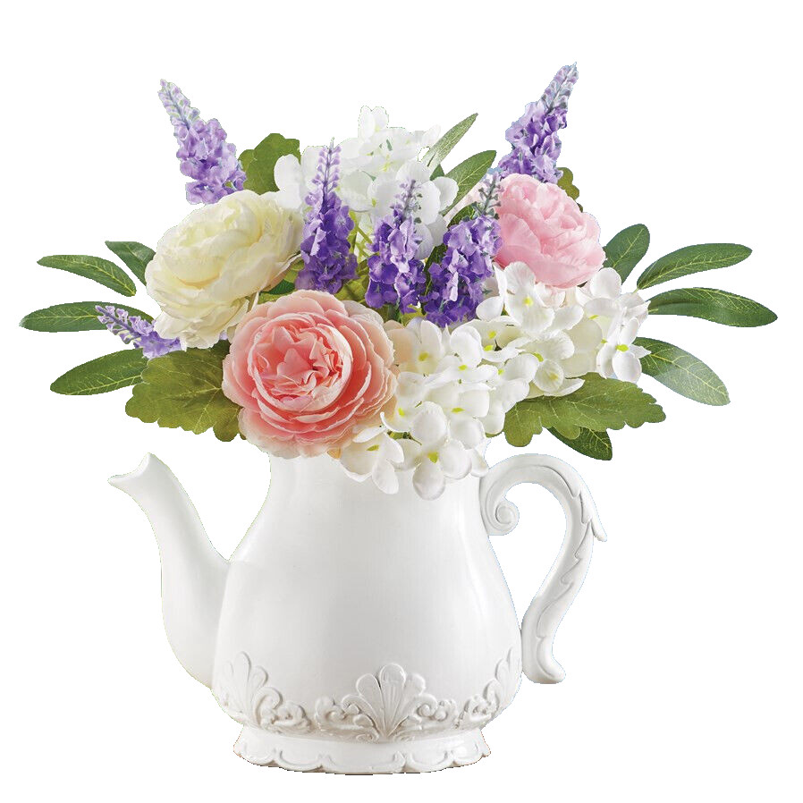Spring Floral Flowers Bouquet White Ceramic Teapot Vase Arrangement Centerpiece