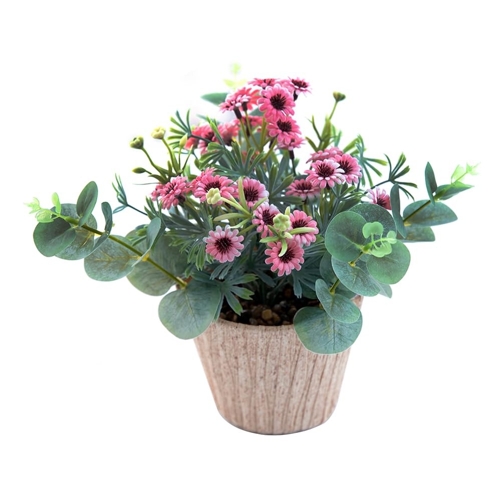 9 Inch Fake Pink Flowers Plants Artificial Daisy in Yellow Plastic Pot Decor