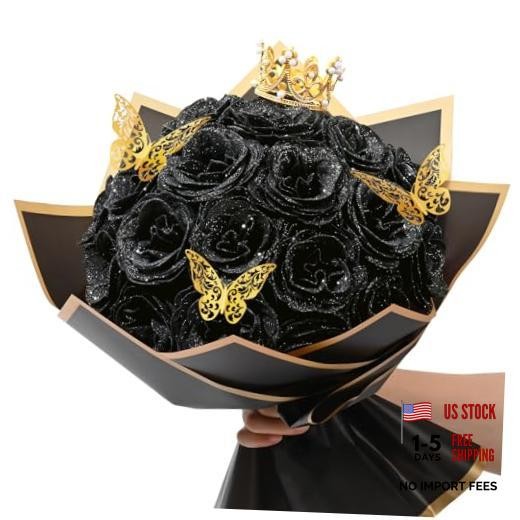 Glitter Roses Bouquet, DIY Fake Flowers Bouquet, Birthday Gifts 24pcs Black