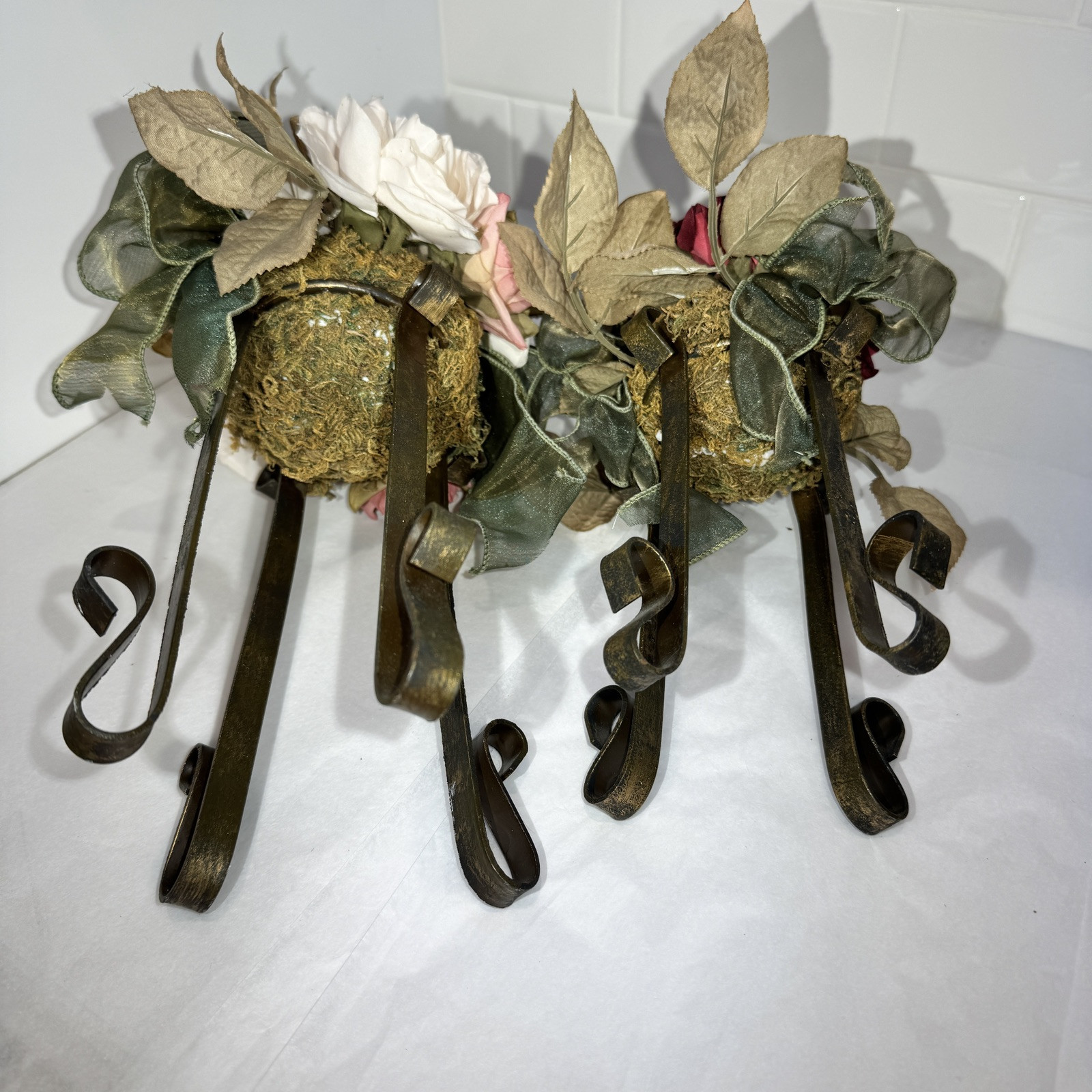 Artificial Pink/Dusty Rose/moss Flower FAUX Bouquet w Iron Legs Green Ribbon
