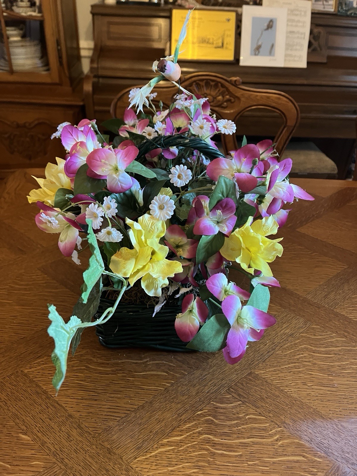 Beautiful Spring Silk Floral Arrangement In Green Wicker Basket