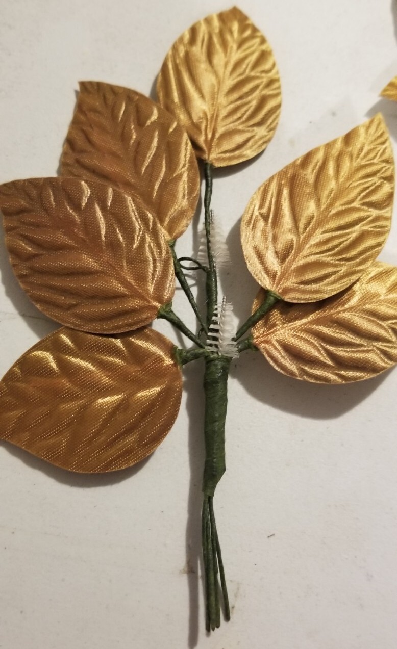 TWO Gold Fabric Rose 2″ Leaf Stems 6 leaf cluster. MY12