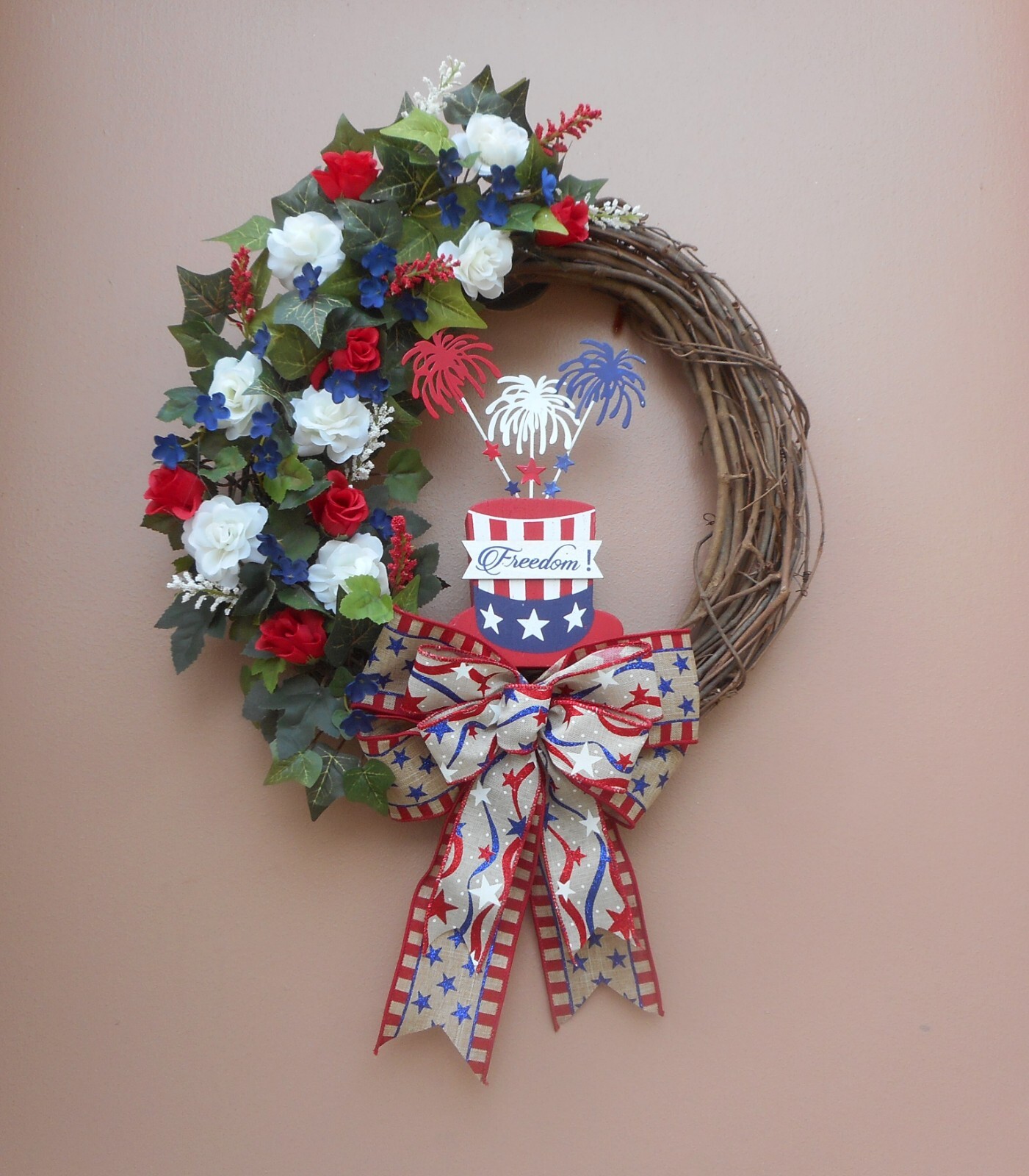 16″ Patriotic Freedom July 4th Red White Blue Floral Summer Grapevine Wreath
