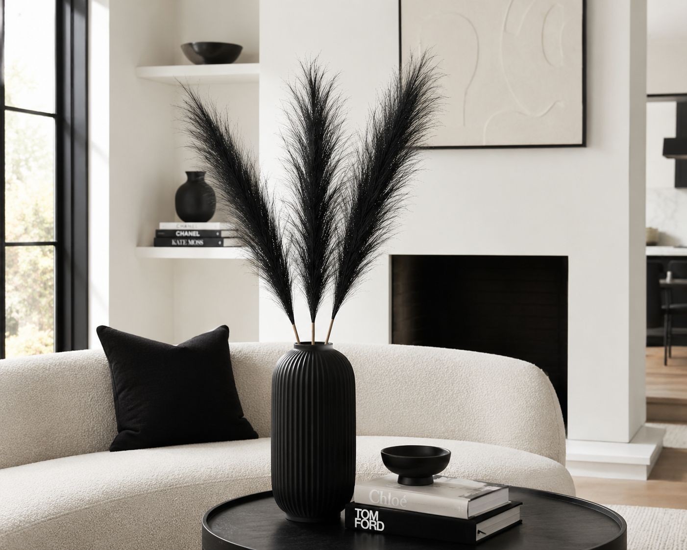 Midnight Black Faux Pampas Grass Bundle | 3 Artificial Pampas Stems | Black Home