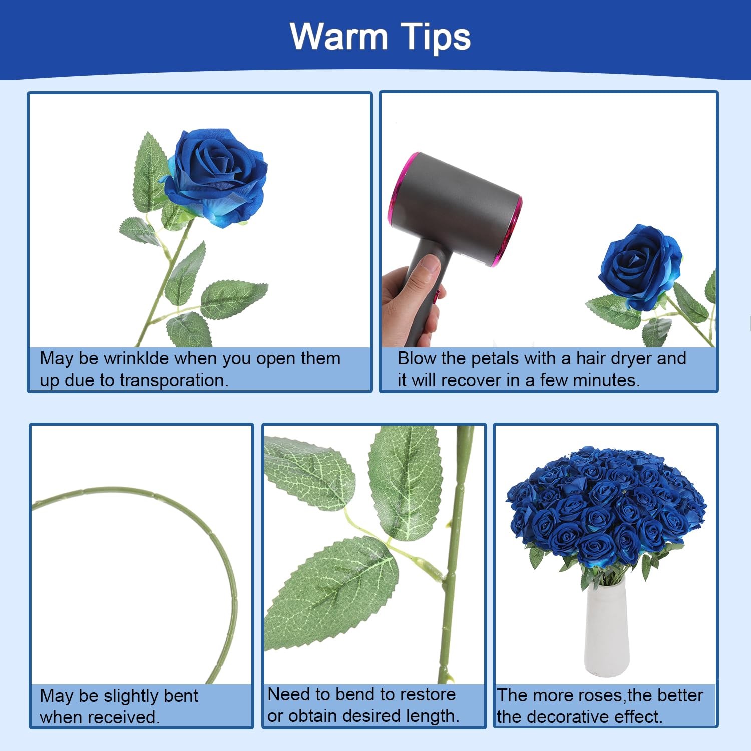 12 PCS Blue Roses Artificial Flowers Fake Faux Velvet Silk Pearl Rose Decor
