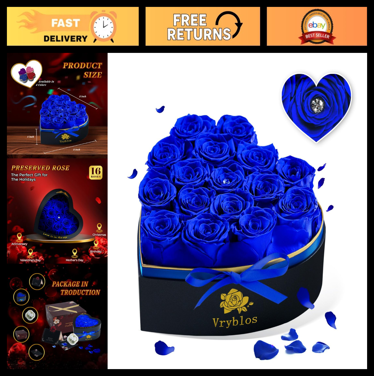 Heart-Shaped Blue Roses in Box – 16 Preserved Real Flowers for Eternal Gifts