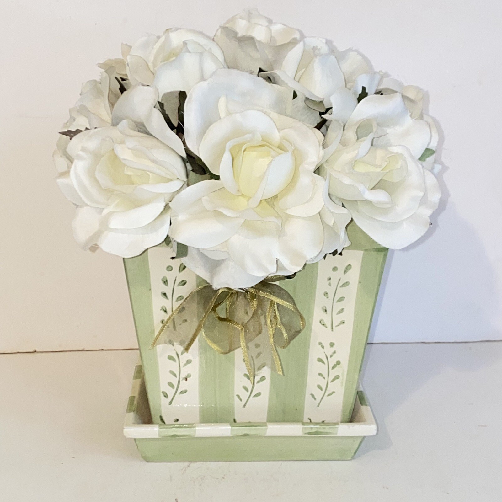 White Rose Floral Arrangement in Green & White Ceramic Holder Vase Planter