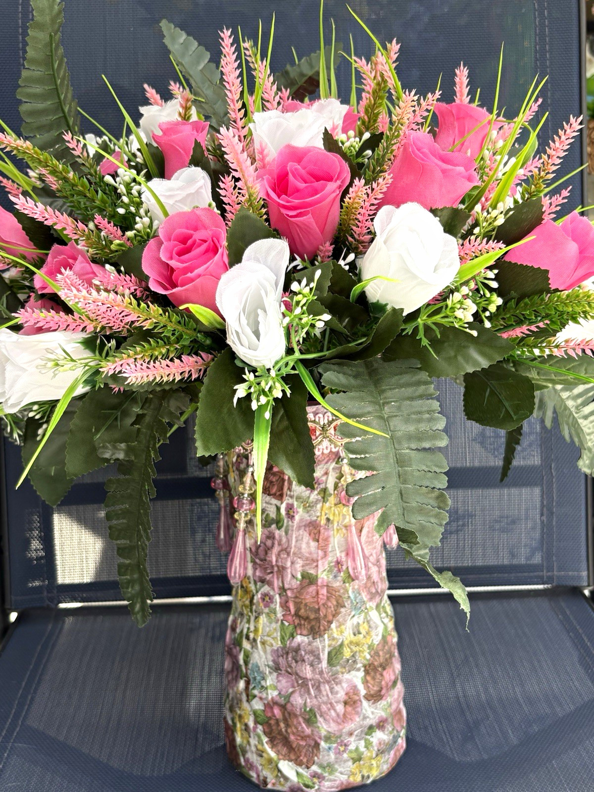 Pink & White Rose Floral Arrangement & Centerpiece in Glass Vase, Green Accents