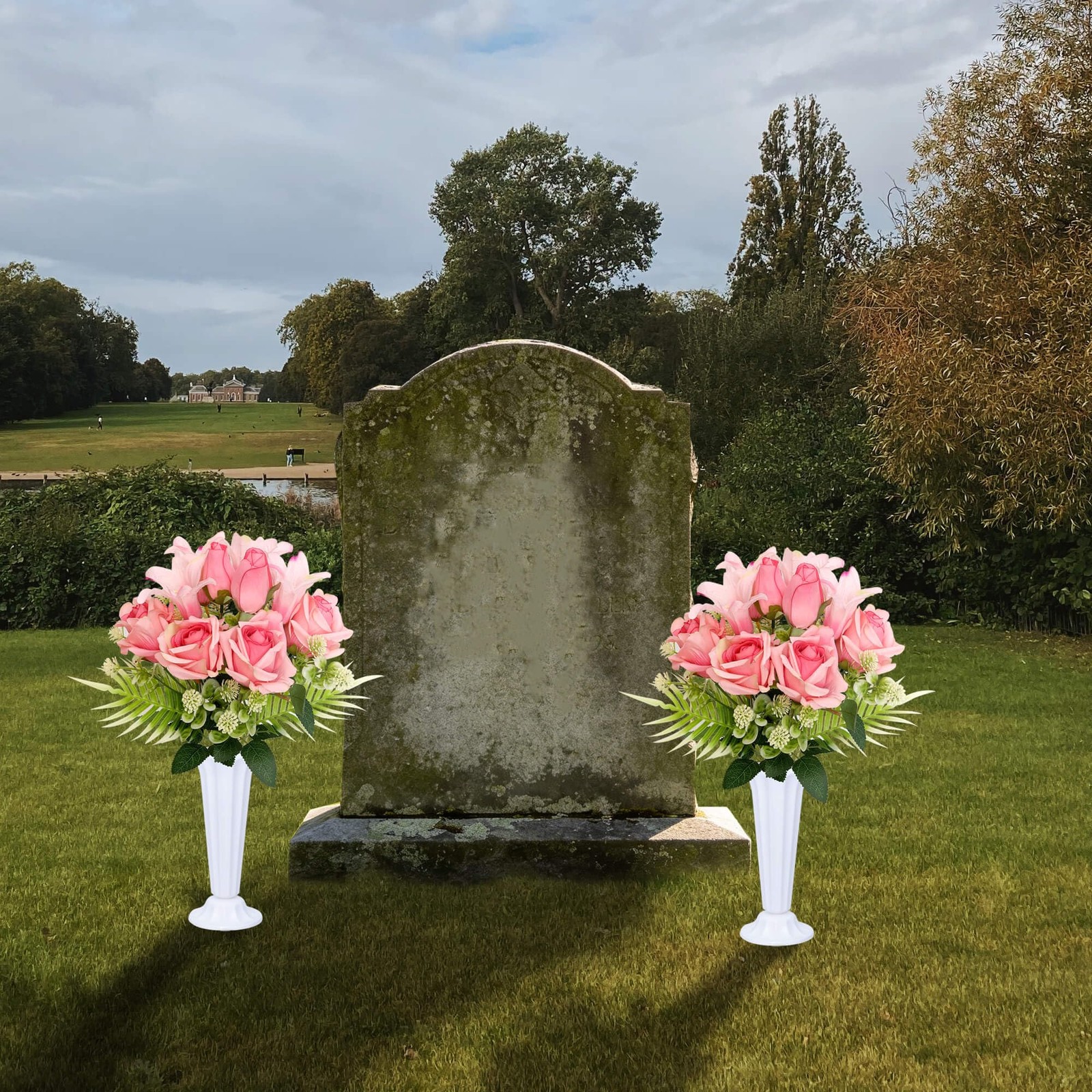 Artificial Cemetery Flowers with Vases Set of 2 Roses Lily Silks Bouquets Rea…
