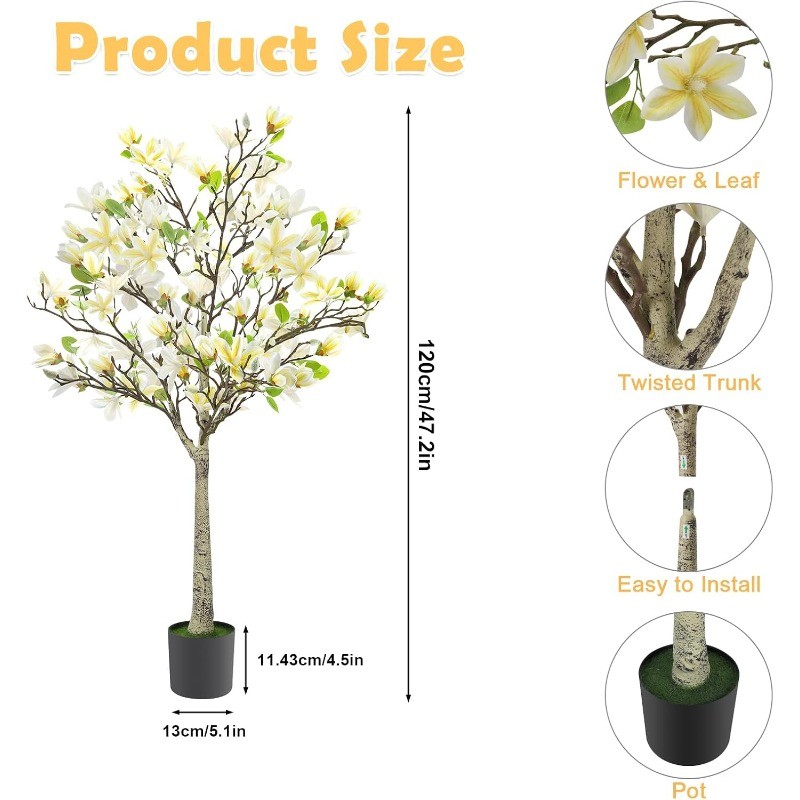 4FT Faux Magnolia Tree in Pot,Artificial Flower Plant with Blooms for Home Decor