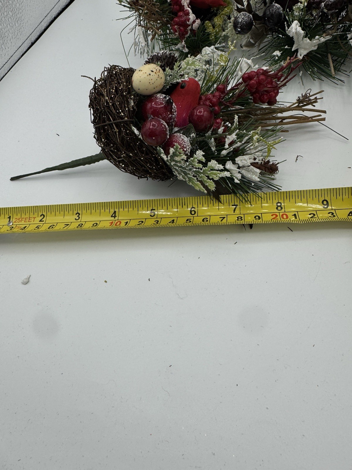 4 Vintage Cardinal Nest Faux Stems Stick Pinecone Berries Egg 9” Snow