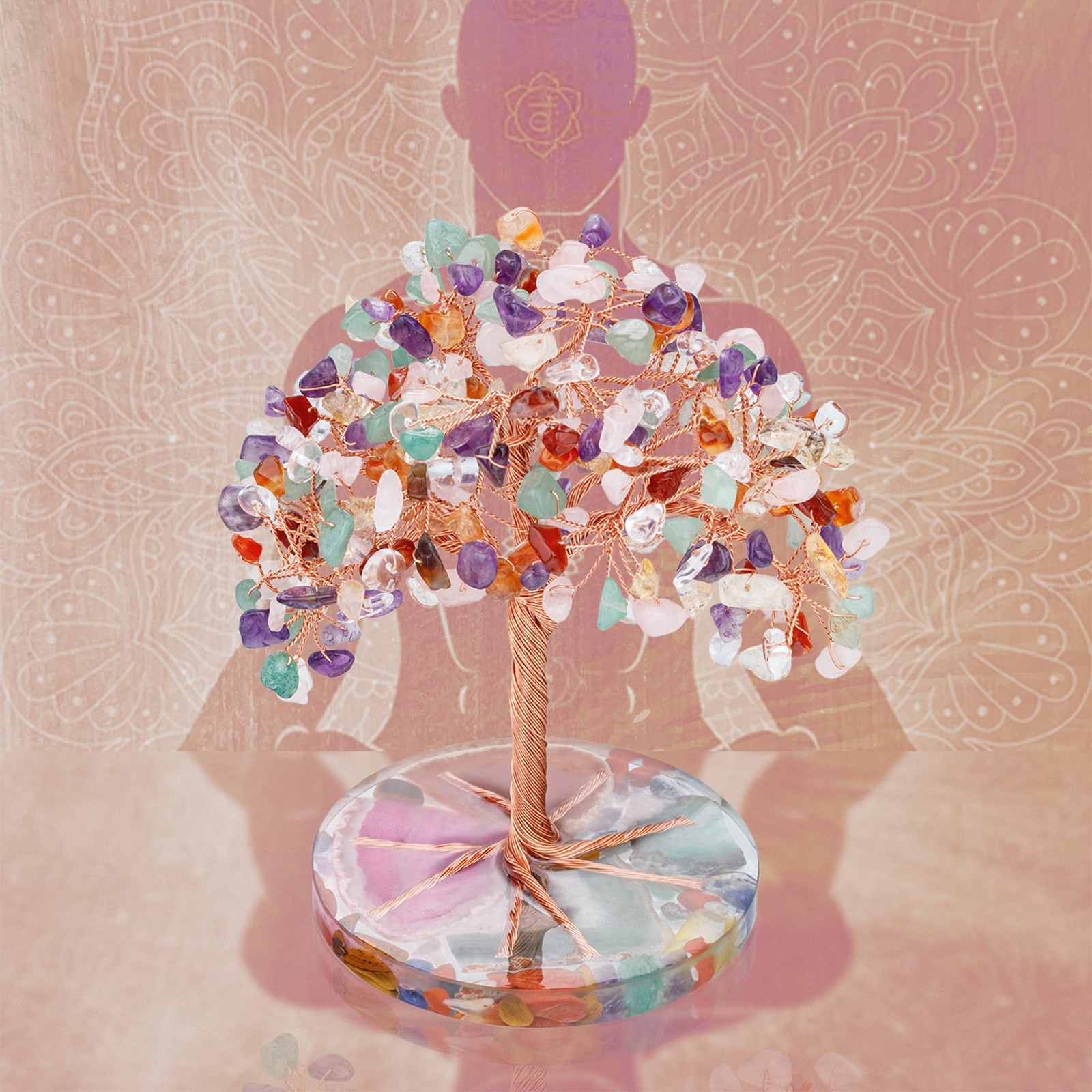 7 Chakra Healing Crystals Stones Tree with Agate Slice Base Feng Shui Decor