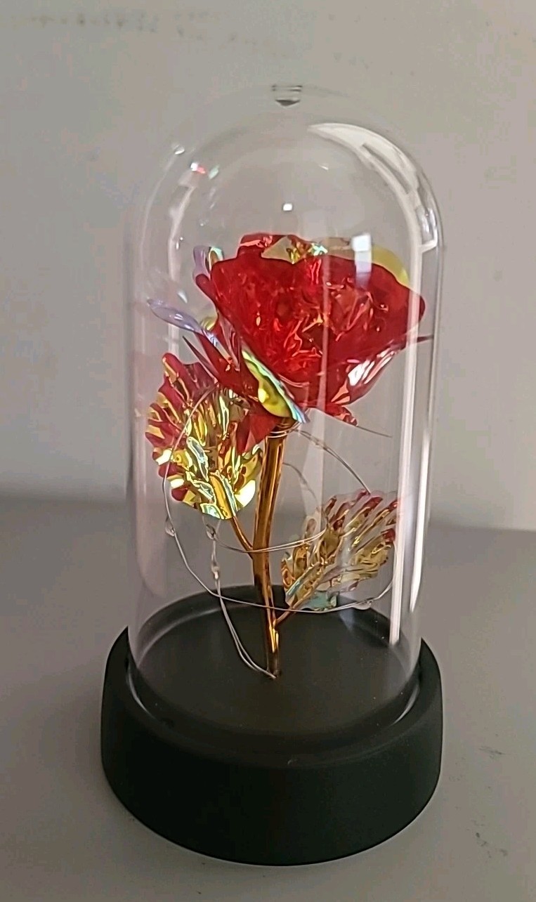 Red & Gold Rose Flower In Dome Glass LED Light Gift, Valentine, Wedding Decor