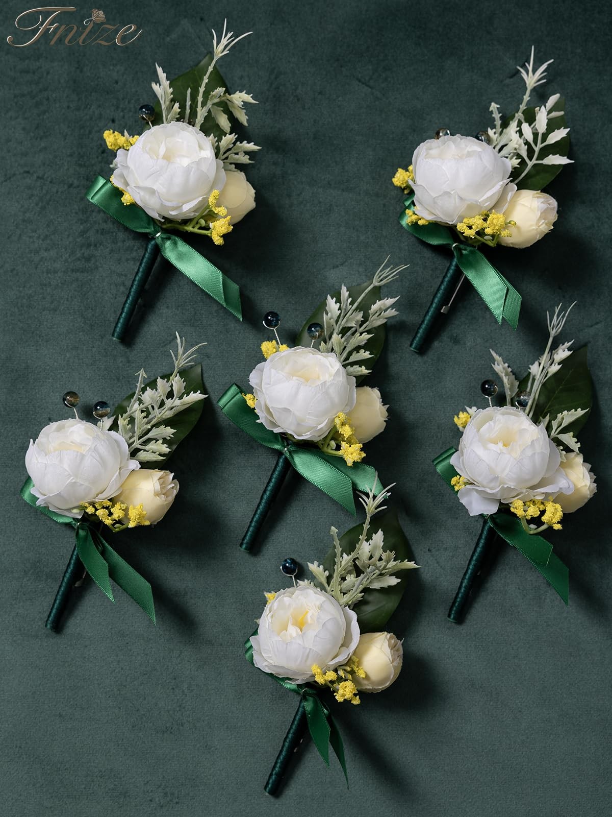 6 PCS Boutonniere Men Groomsmen Artificial Silk White Flowers Peony Rose Prom