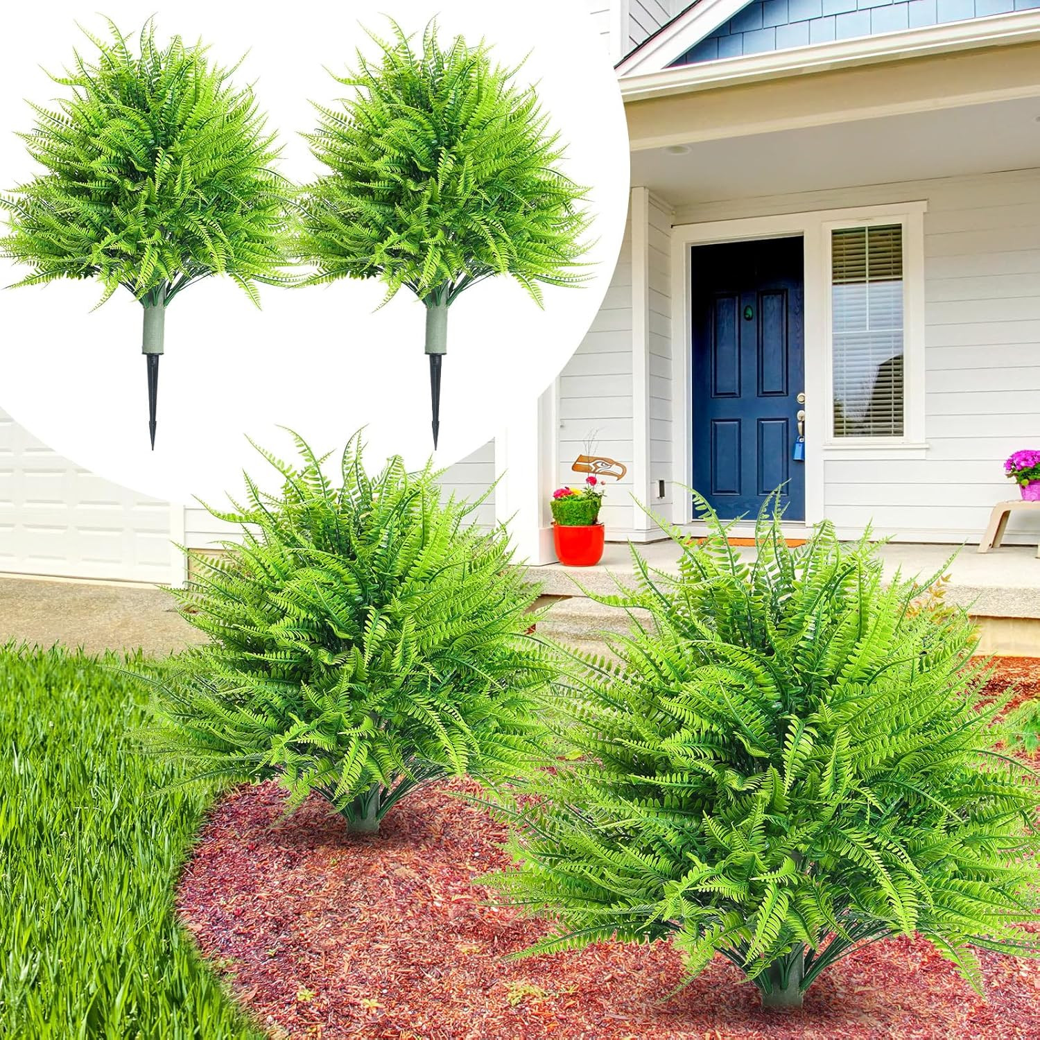 24″ UV Resistant Faux Boston Ferns with Ground Stake for Indoor/Outdoor Decor