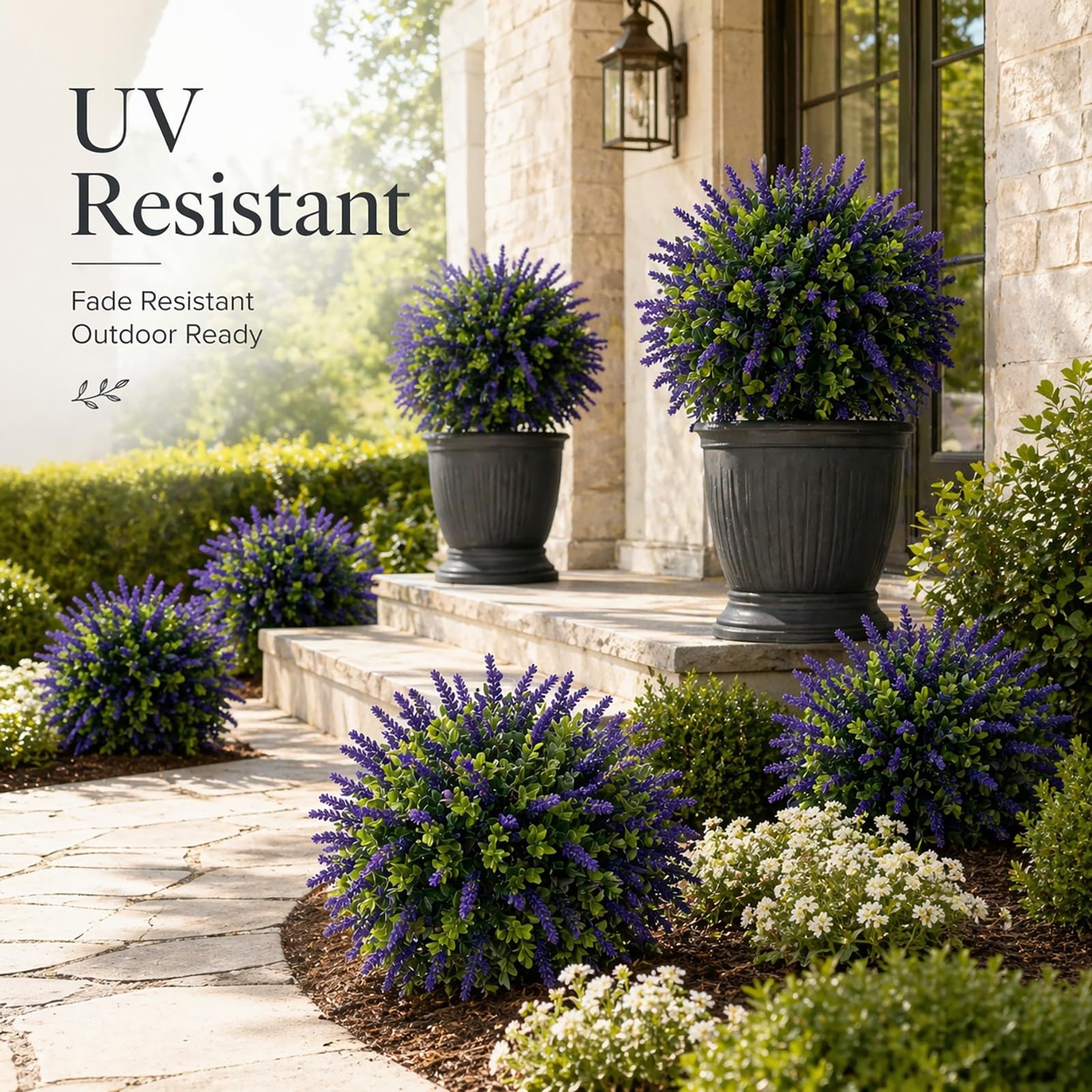 Artificial Lavender Topiary Set of 2, Faux Bushes for Entryway