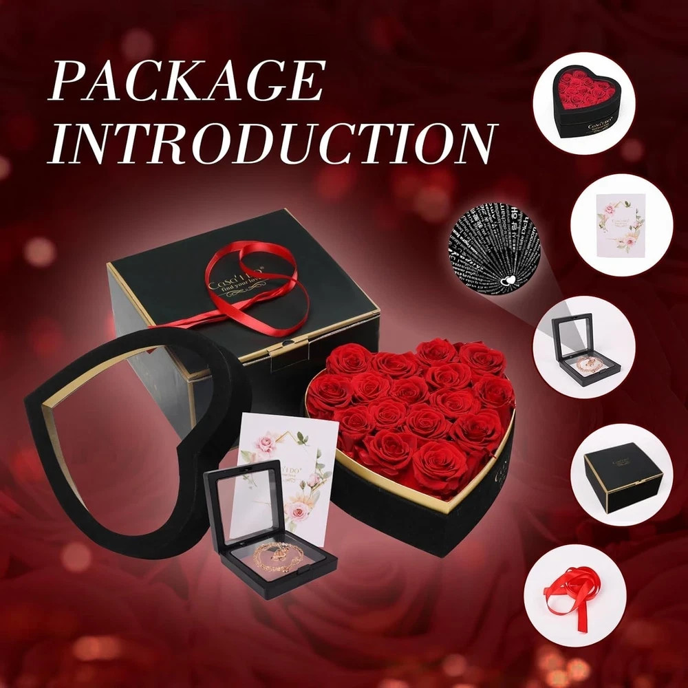 Preserved Roses Flowers for Delivery 16 Pcs, Forever Flores in Heart Box with Ne