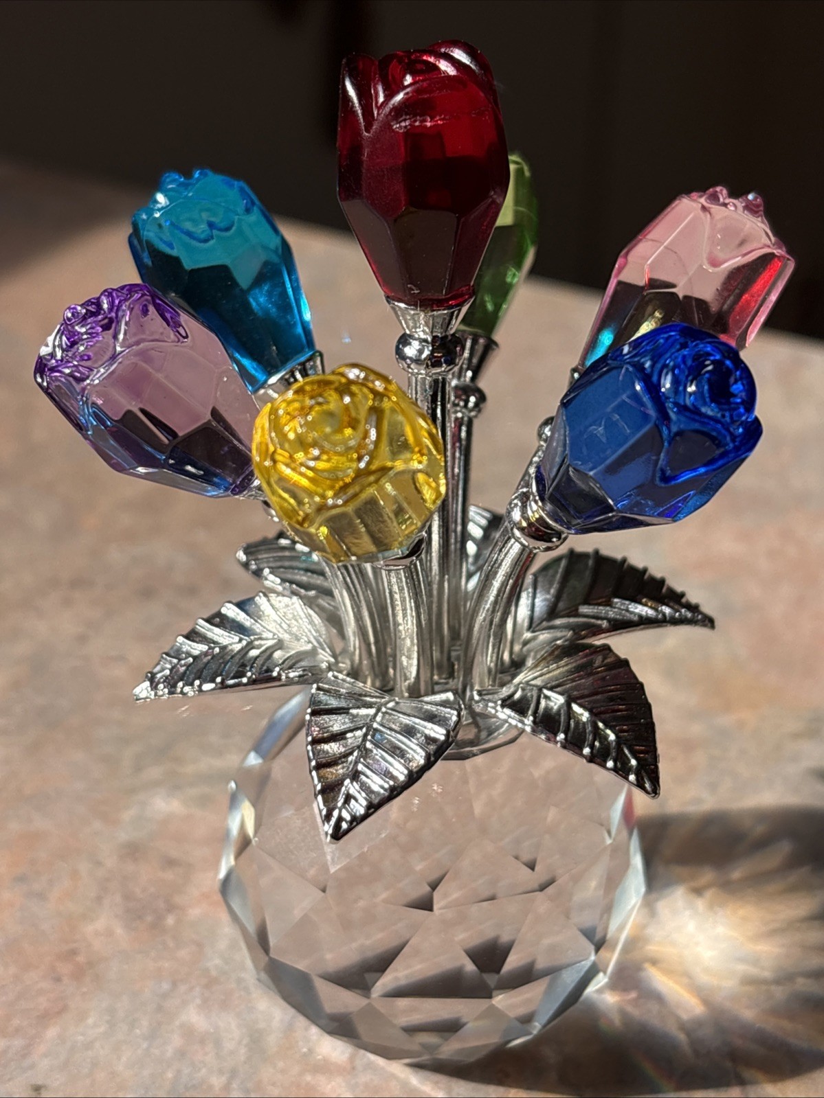 Colorful Rose Flower Crystal Figurines with Vase, Bouquet Flowers Ornament