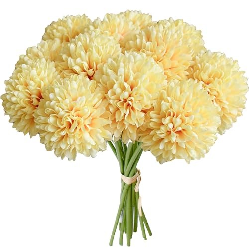 12 PCS Yellow Chrysanthemum Artificial Mums Silk Flowers Home Table Decor