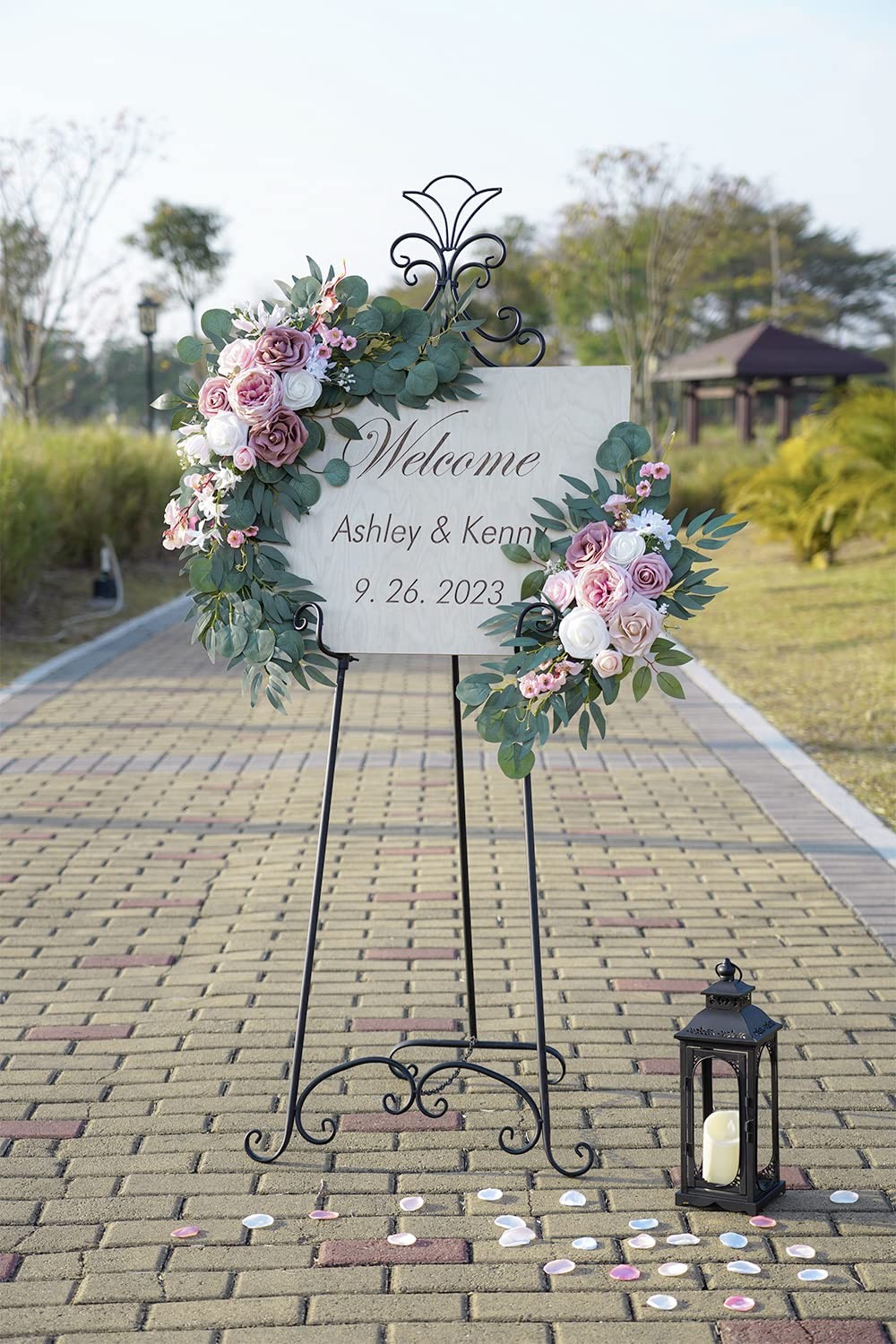 2 PCS Small Wedding Arch Artificial Dusty Rose Blush Flowers Welcome Sign Decor