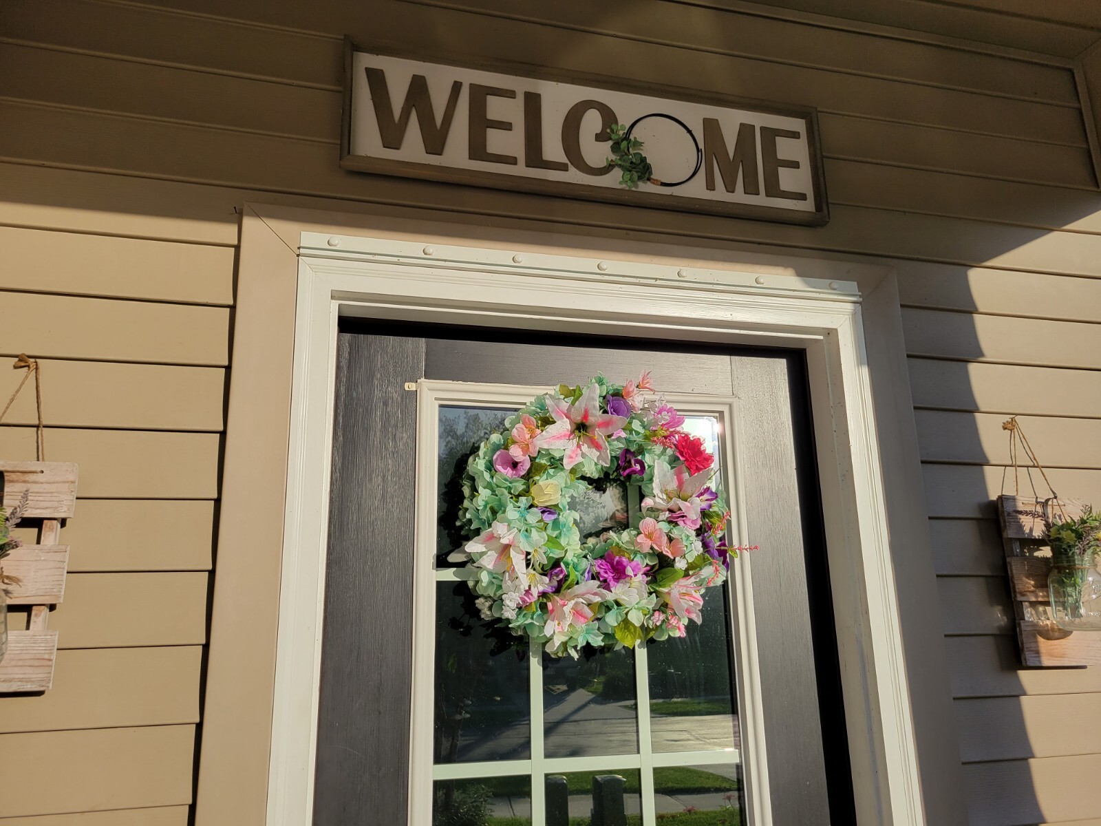 FLORAL one of a kind WREATH flowers Decor Front Door 16″ new green white pink