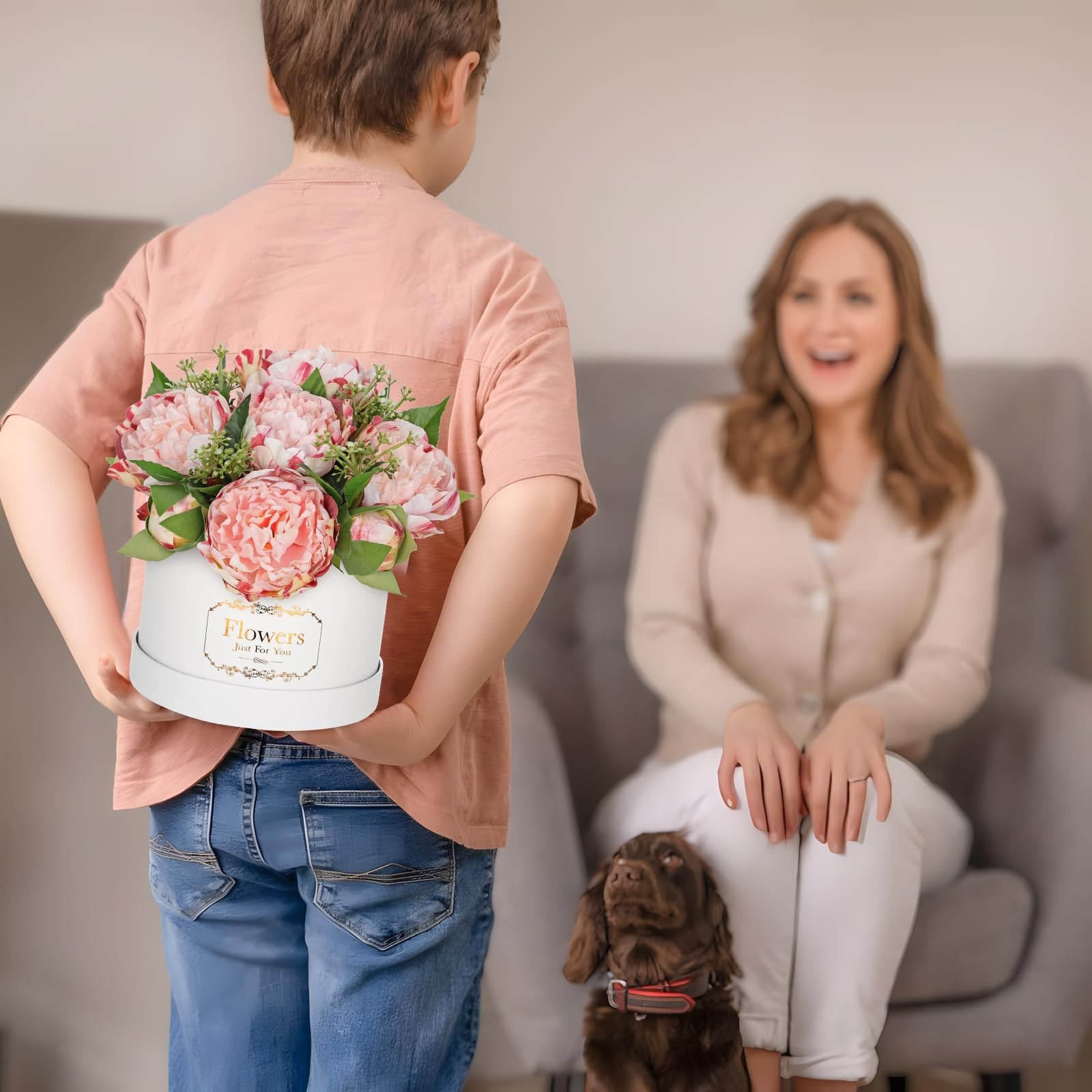 Pink Peonies Artificial Flowers in Vase Round Gift Boxes Fake Arrangements