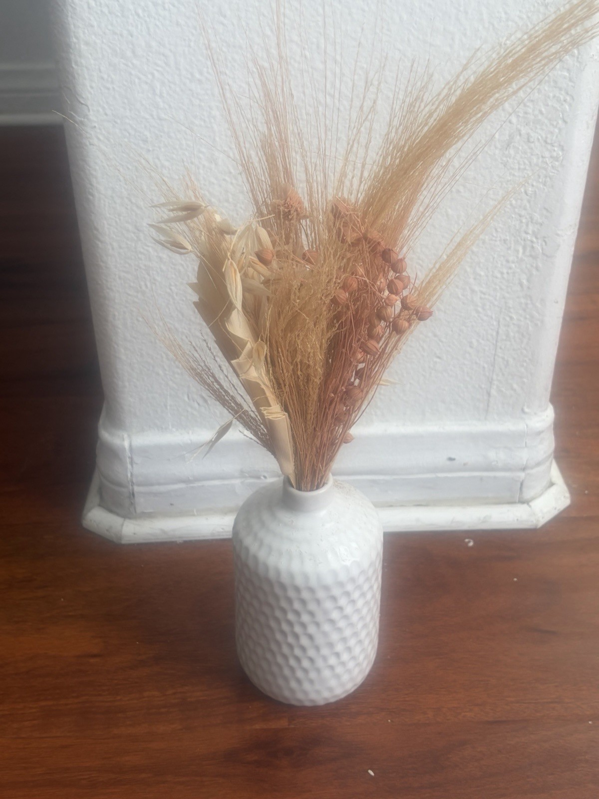 Artificial Dried Grass Arrangement in White Ceramic Vase, Brown Beige White