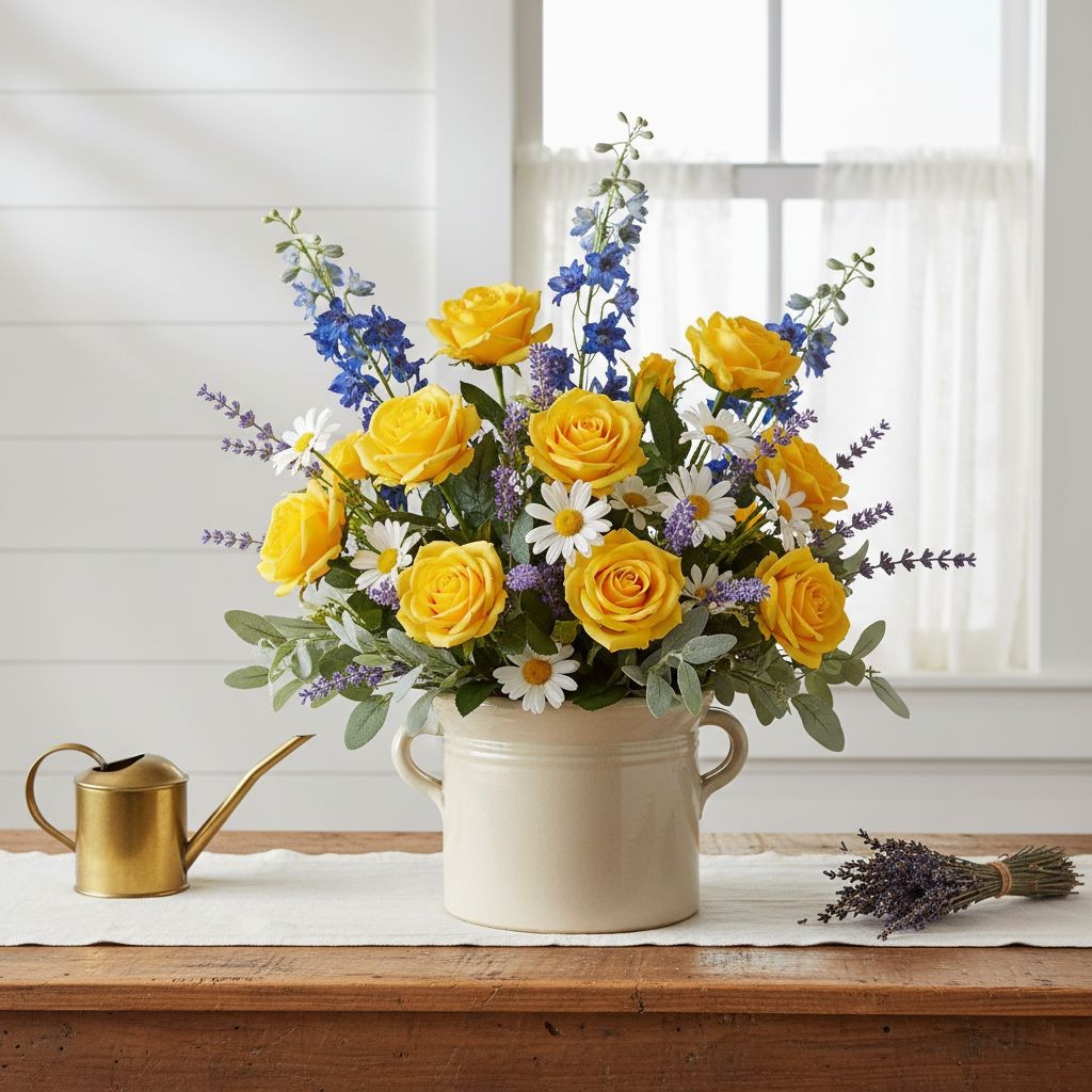 Set of 6 Artificial Yellow Rose Stems 20 Inch Faux Roses Farmhouse Decor Cottage