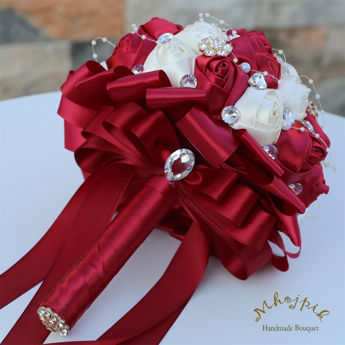 6.3 Inch Dark Red Ivory Bridal Wedding Bouquet Artificial Rose Toss Bunch