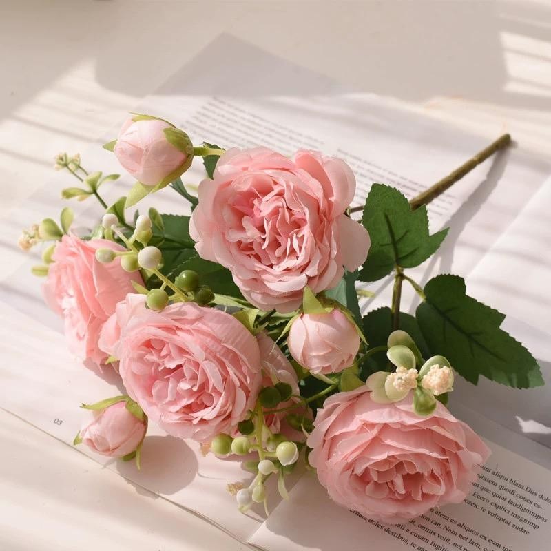 30cm Rose Pink Silk Peony Bouquet – 5 Large Heads + 4 Buds Artificial Flowers Fo