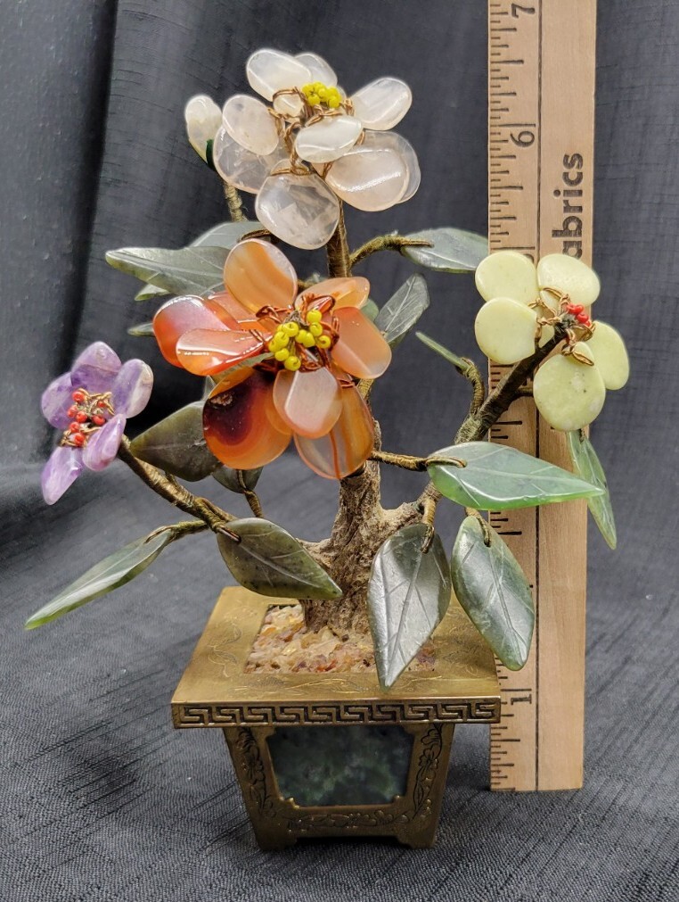 Vintage Carved Jade / Gemstone Bonsai Tree w/ Brass Base, MCM, Made in Hong Kong