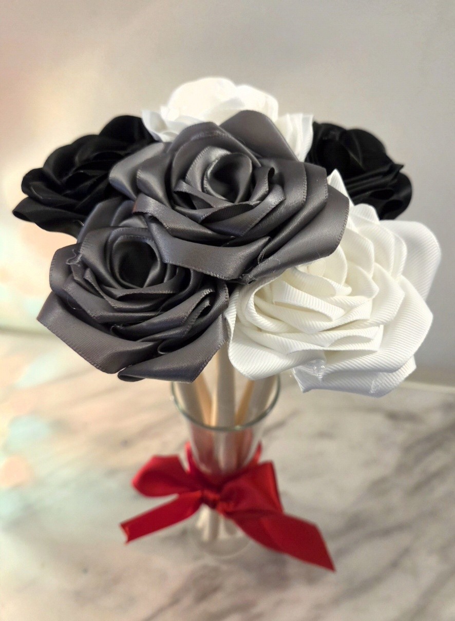 Fabric Homemade Flower Bouquet In Glass Vase With Bow