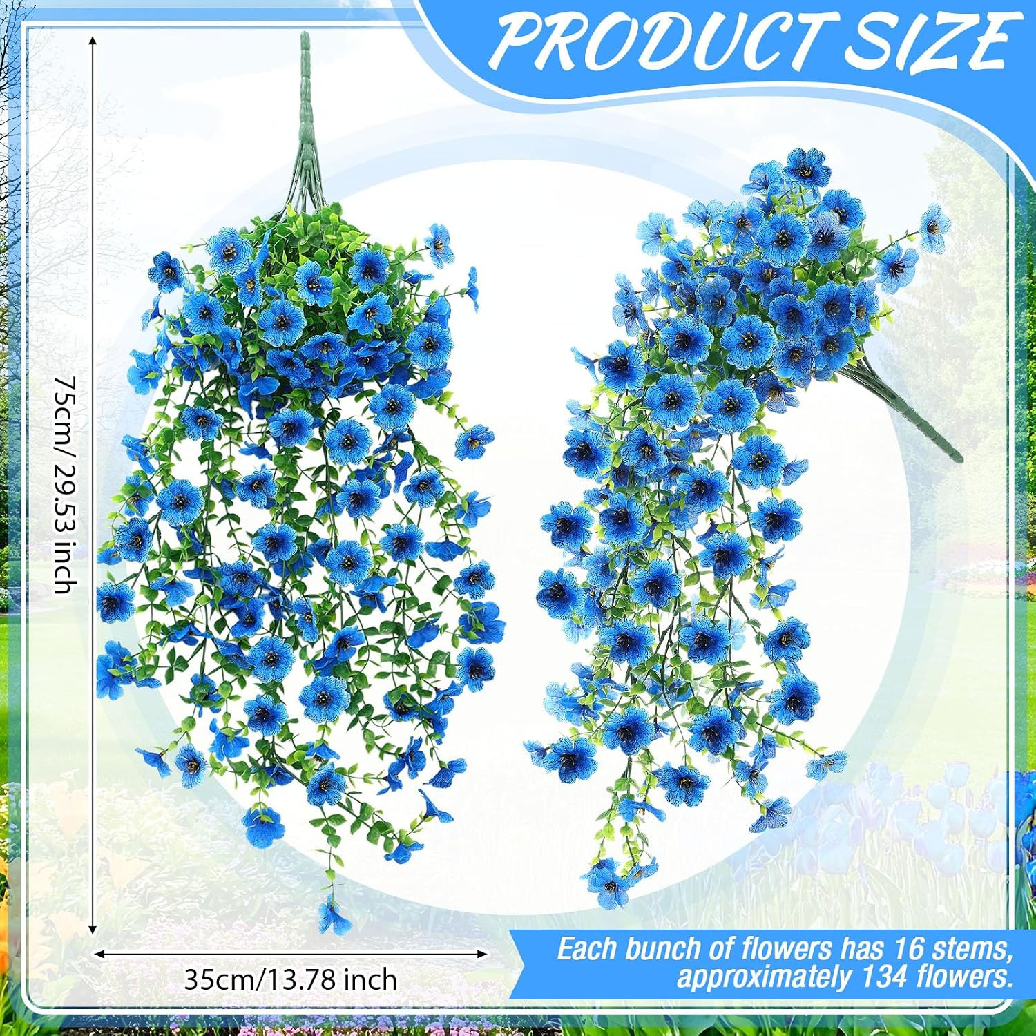 30″ Blue Artificial Hanging Flowers – UV Resistant Faux Plants for Outdoor Decor