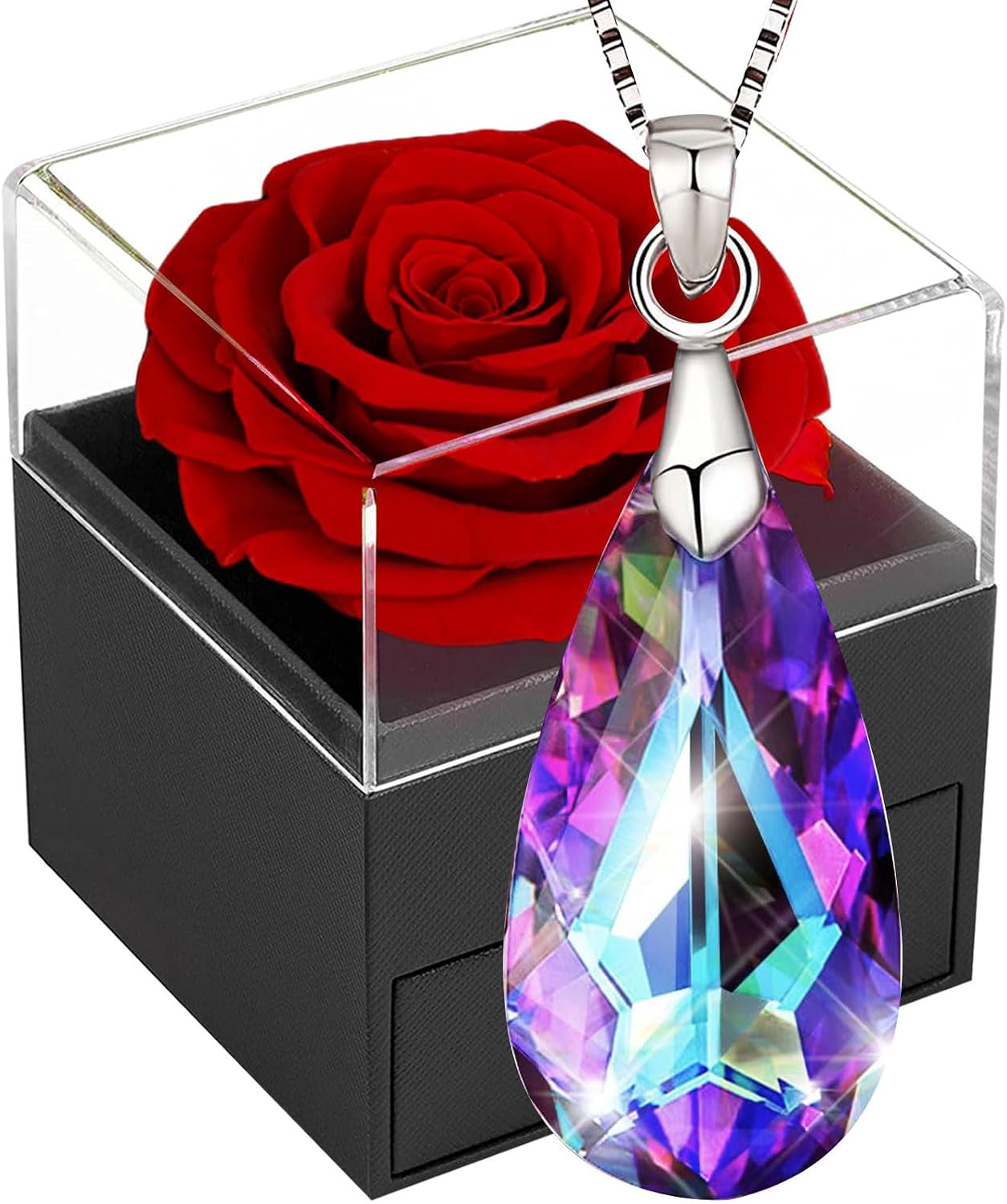 SWEETIME Preserved Red Rose Gift Box- Enchanted Real Roses with Ruby Brooch, Ete