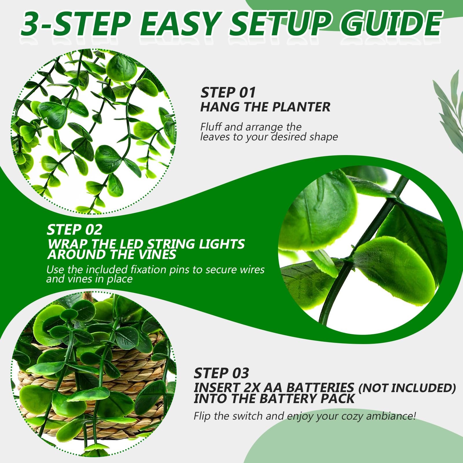 4 Set Mini Fake Hanging Plants in Basket with Lights Artificial Hanging Vines…