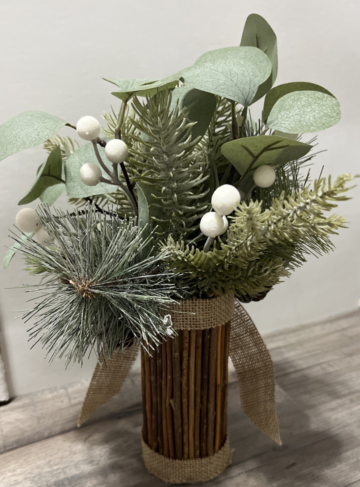 2 – 12” Rustic Greenery Arrangements Pine Cones Burlap Wood Base Country Cabin