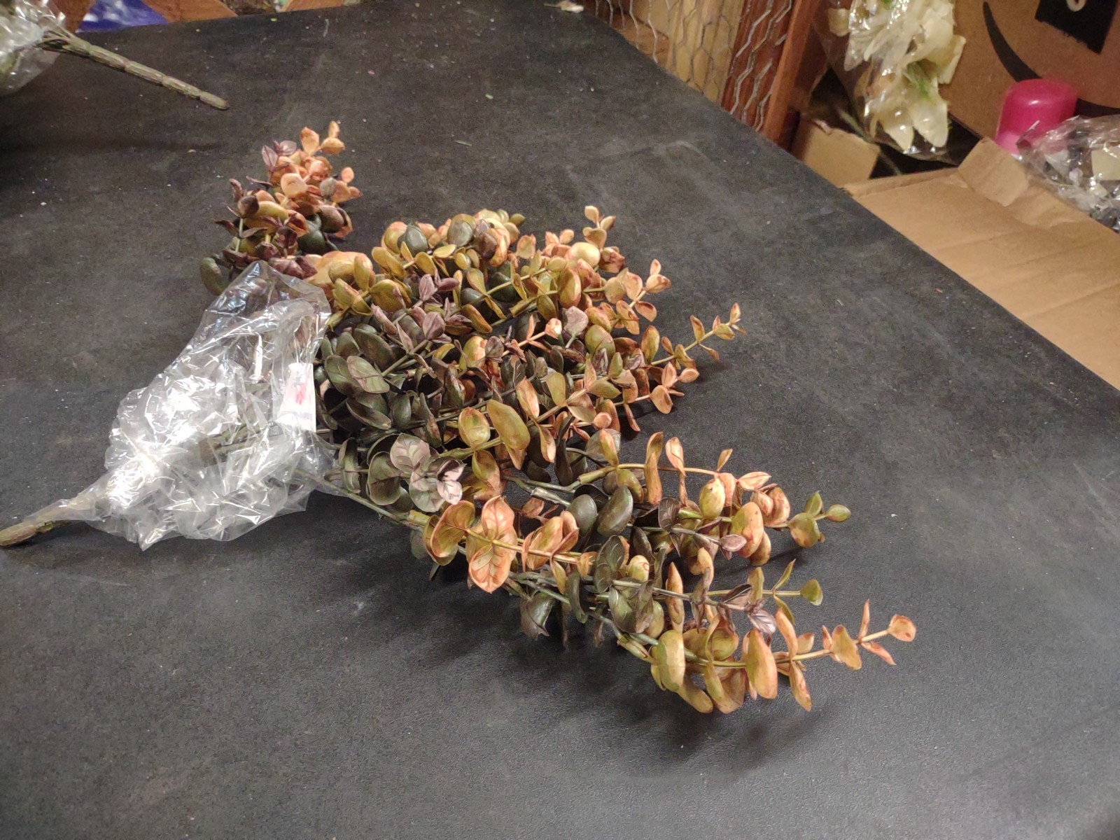 Plastic Spiral Eucalyptus Bush, Autumn Brown Gold & Green, 6 Branch 13″ Baby Euc
