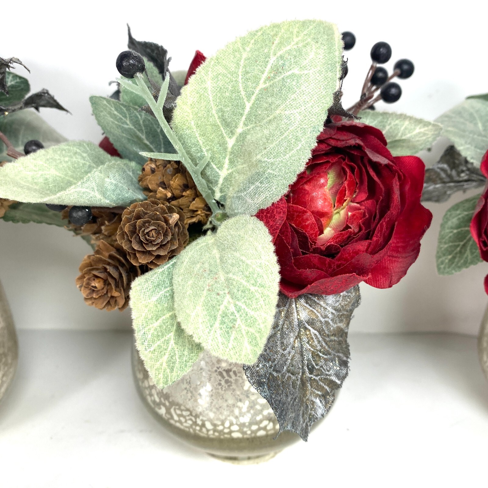 Threshold Silver Mercury Crackle Glass Red Ranunculus Vase Arrangement -Set of 3