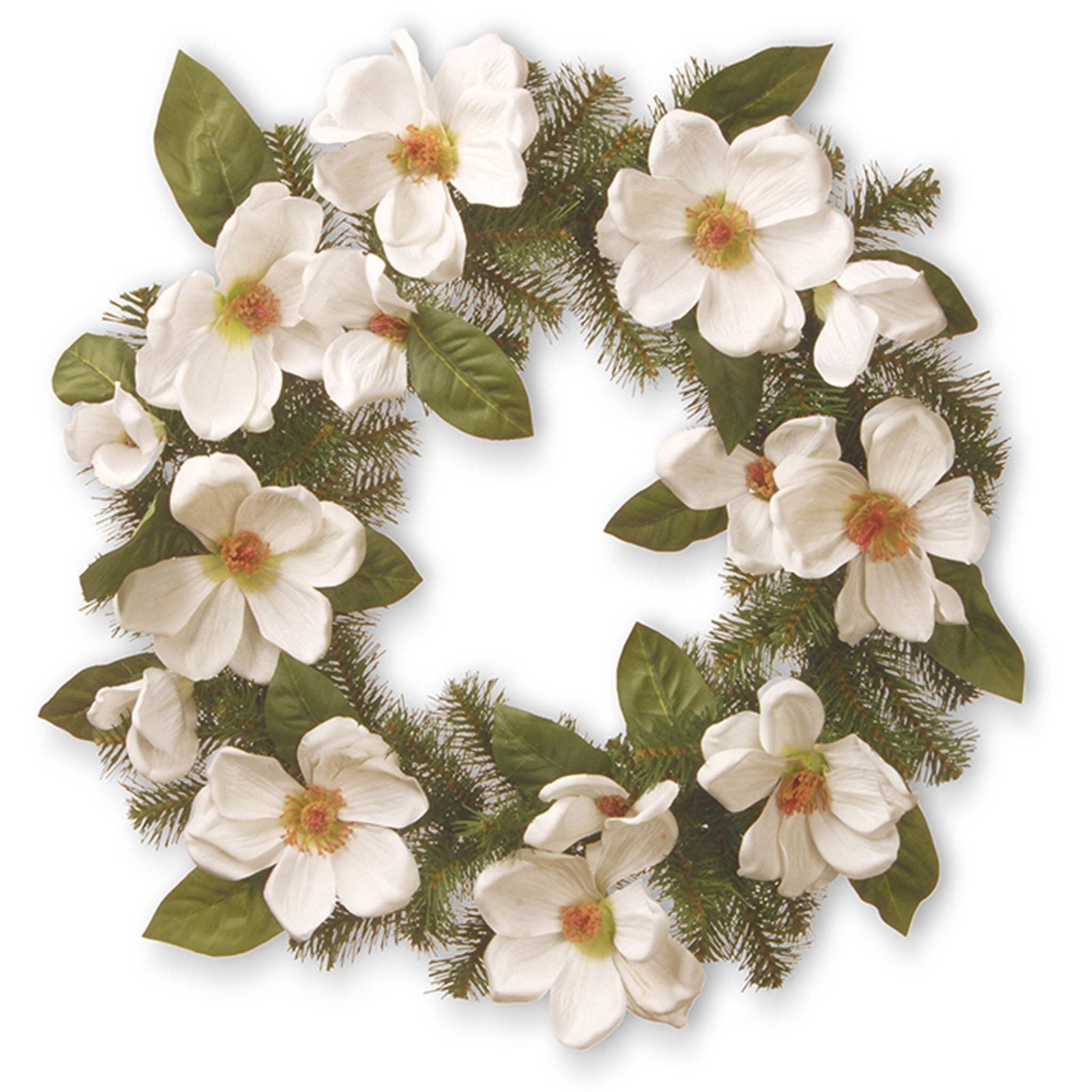24 in. Spring Wreath with North Valley Spruce, Magnolia Flower Blooms, and Everg